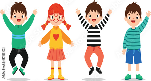 Cartoon children raising arms in joyful pose, colorful outfits, diverse fashion styles, cheerful expressions, kids character design vector illustration concept