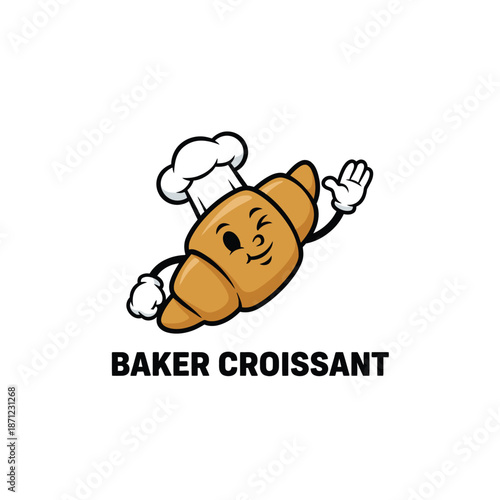 Cute croissant mascot wearing a chef hat waving happily for a friendly bakery brand