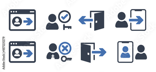 login logout icons collection, sign in and sign out symbols, user interface navigation icons, web and mobile app elements, minimal flat vector design.