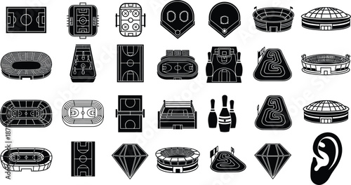 Sports stadium and arena icons set with courts fields bowling and venue silhouettes vector