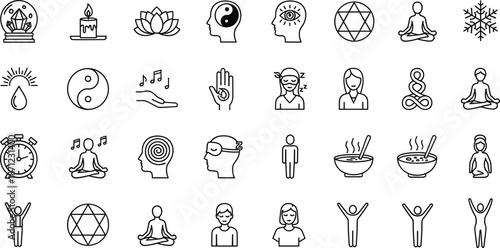 Spiritual meditation and mindfulness icons set editable outline stroke yoga wellness vector illustration