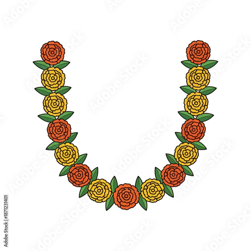 U-shaped garland of orange and yellow flowers with green leaves.