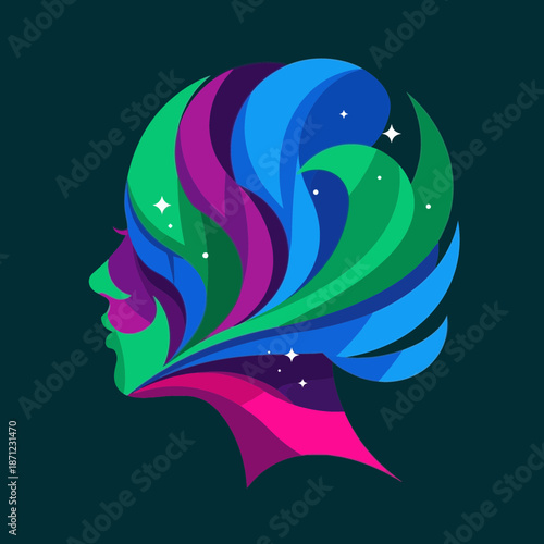 Abstract colorful head profile with flowing shapes and stars.