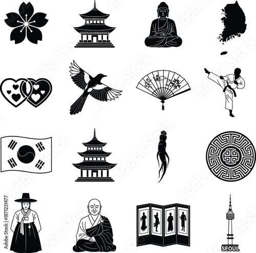 Korean culture and tradition icons set with landmarks symbols martial arts vector illustration