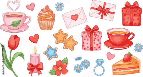 Cute Mothers Day icons set with tea cup gifts flowers desserts and love elements vector