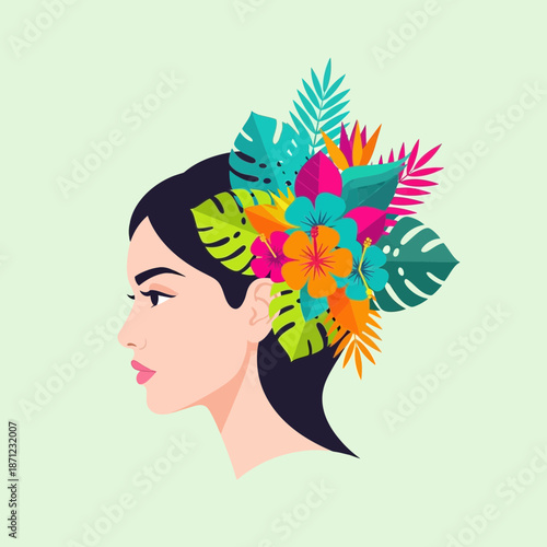 Woman's profile adorned with vibrant tropical foliage and flowers.