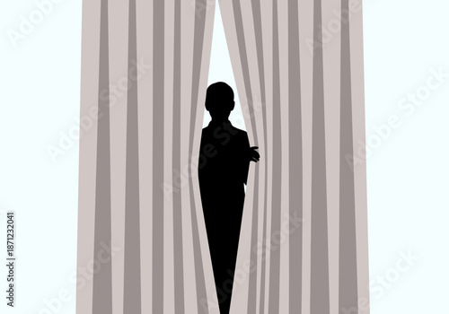 Silhouette of a person peeking through parted curtains.