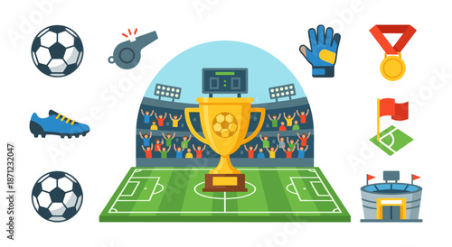 Winning championship trophy on soccer field with fans