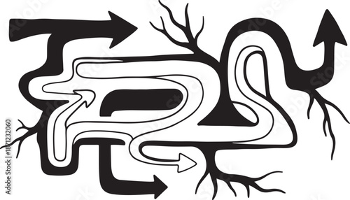 Confusing maze with multiple paths and arrows