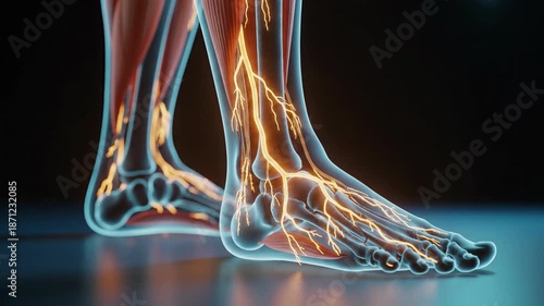 Anatomical illustration of human foot and leg showing bones and nerves