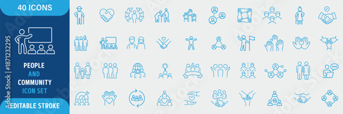 People and Community Line Icon Set. Human Interaction, Social Connection, Diversity, Relationships, Group, Teamwork, Society, Family and Communication Icons. Editable Outline Stroke. Vector
