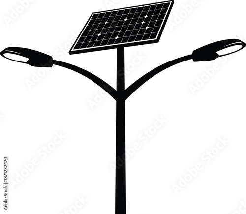 Black Silhouette Of A Solar Powered Street Light With Two Lamps On White solar panel lighting