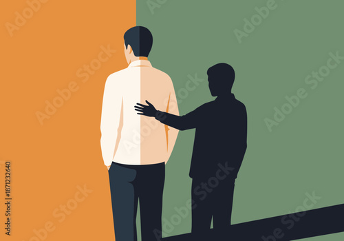 Man's shadow places hand on his shoulder, symbolizing inner strength.