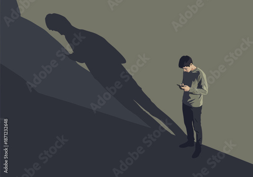 Person looking at phone with a large shadow figure behind them.