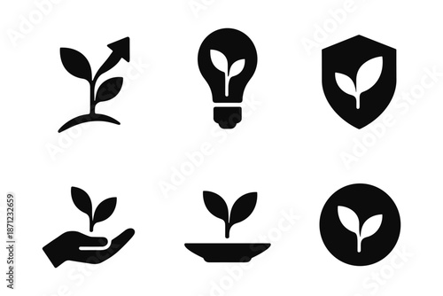 Growth icons: nature and eco symbol set in bold silhouette design