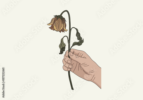 Hand holding a wilting brown flower with drooping stem and leaves.