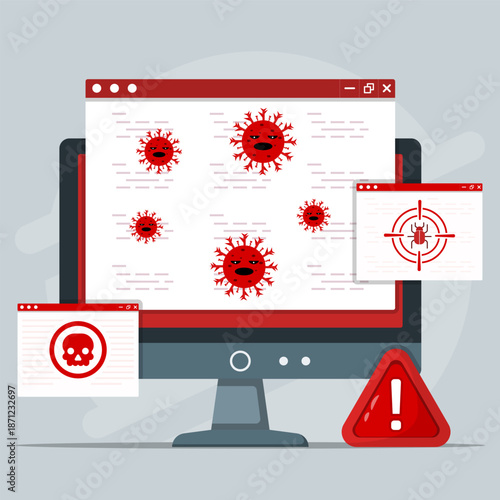 Cyber security threat illustration showing computer malware, virus attacks, warning alerts, and system infection risk, representing online hacking, data breach, and digital protection concepts.