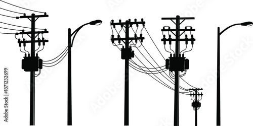 Black Silhouettes Of Utility Poles With Transformers And Street Lights On White electricity