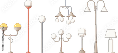 Collection of diverse street lamps and indoor lamps with colored accents light lighting