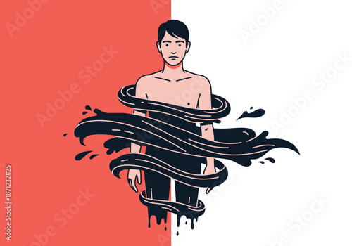 Man entangled in black fluid, split red and white background.