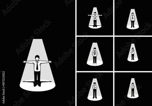 Man in spotlight with multiple smaller figures in spotlights.