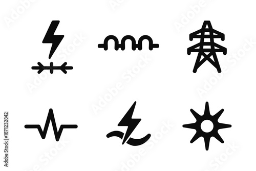 Minimalist energy symbols: power, electricity, and technology icons