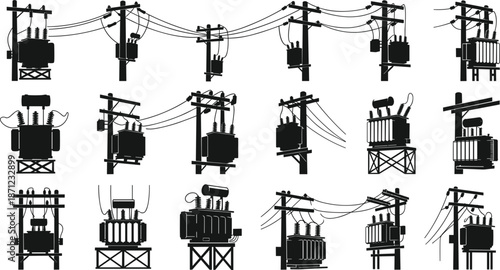 Collection of electrical power transformers on utility poles in silhouette electricity wires