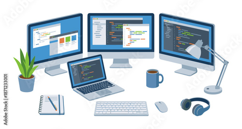 Programmer workstation with multiple screens coding software