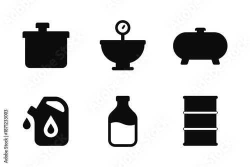 Black silhouette icons of cooking pots, containers, and oil drums for kitchen and industrial use