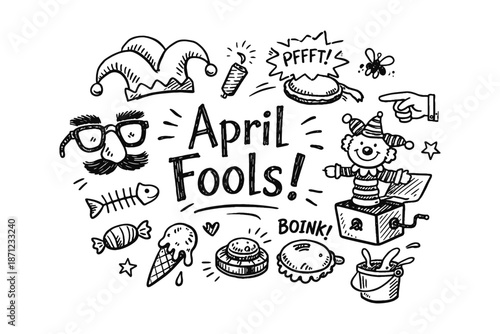 April fools day doodles: whimsical hand drawn pranks and fun elements