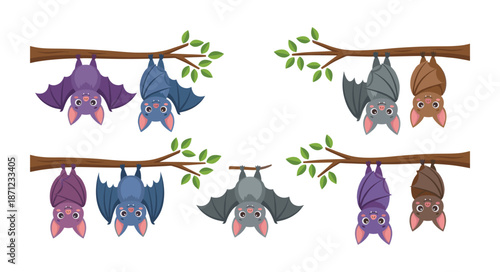 Cute cartoon bats hanging on tree branches