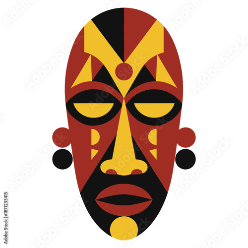 Tribal mask with geometric patterns and bold colors.