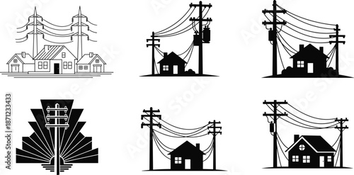 Collection of stylized residential power lines and houses in black and white electricity home
