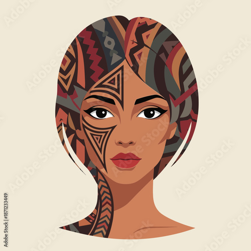 Woman with intricate tribal patterns adorning her face and hair.