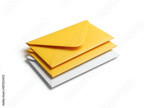 Stack of yellow and white envelopes on plain white background