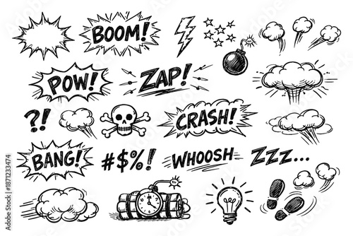 Dynamic comic style speech and action bubbles with explosive and expressive elements