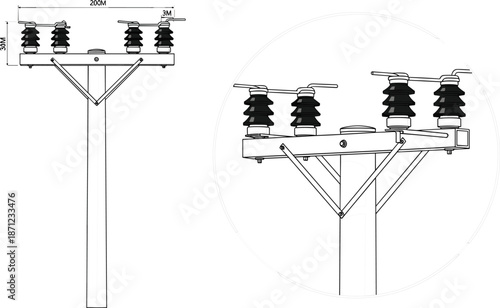 Detailed illustration of a utility pole crossarm with insulators and dimensions electricity power line