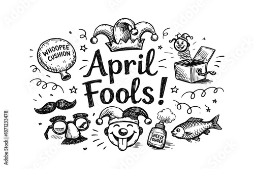Playful april fools doodle art with classic pranks and humor symbols