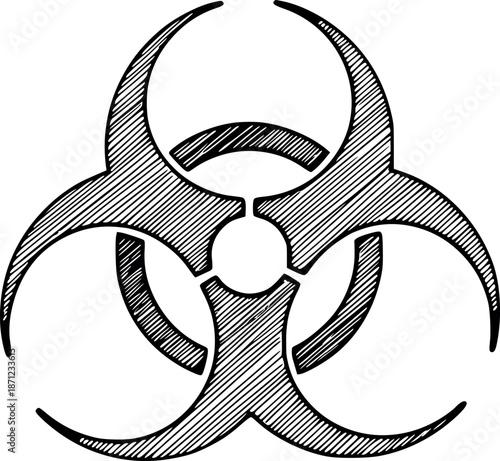 vector illustration of a biohazard symbol with crosshatch shading. black hand-drawn sketch style on transparent background, no white fills
