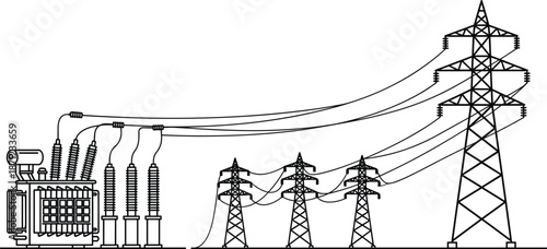 Electrical substation with transformer and transmission towers power station electricity