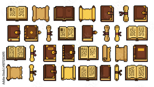 Pixel art fantasy books and scrolls collection