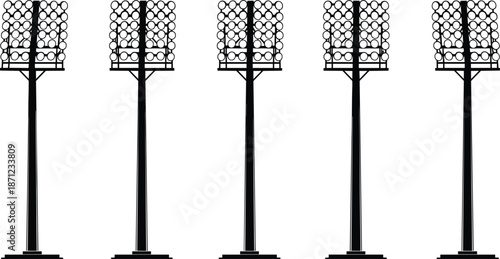 Five identical stadium floodlight towers in black and white line art on white background sports lighting