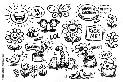 Playful doodles of comic faces and whimsical objects in black and white