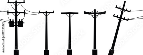 Five Black Silhouette Utility Poles with Wires and Transformers on White Background power pole electricity