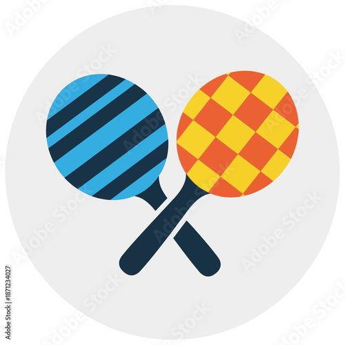 Two crossed maracas with striped and checkered patterns.