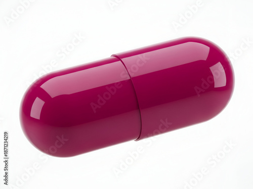 A large red capsule pill with a glossy finish on a white background