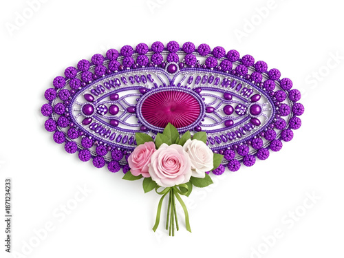 Decorative purple beaded fan with pink and white roses on white background