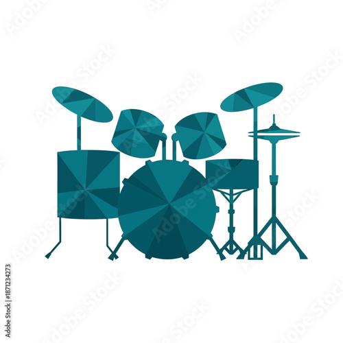 Teal drum set with multiple drums and cymbals.