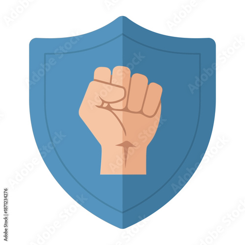 Shield with a clenched fist symbol representing strength and protection.