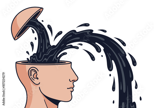 Dark liquid spills from an open head, symbolizing loss of ideas or mental state.